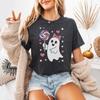 Sweet Ghost with Bow T-Shirt, Coquette Halloween Oversized Tee Lollipop Spooky Fall Vibes, Trick or Treat Outfit Cute Girl Autumn Season Top