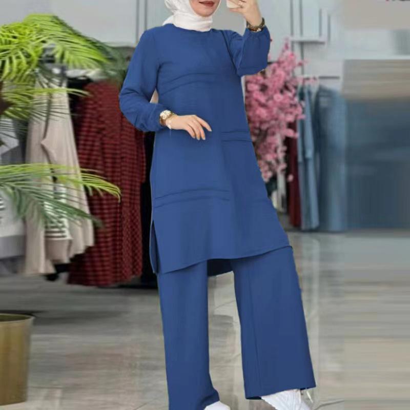 2024 Elegant Solid Color Muslim Women's Two-Piece Tracksuit with Double Stripe – Long Sleeve Shirt & Wide Leg Pants Set