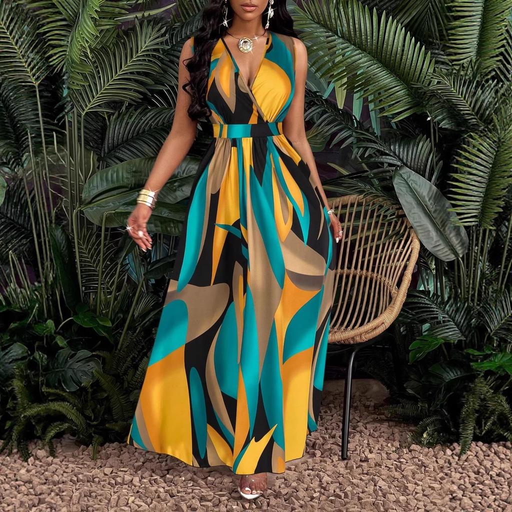 Women's Geometric Print Sleeveless Deep V-Neck A-Line Maxi Dress