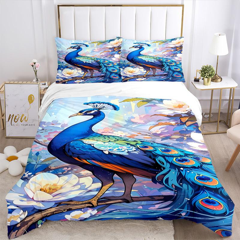 3pcs Peacock Feather Duvet Cover Set, Soft Comfortable Duvet Cover,Guest Room (1*Duvet Cover + 2*Pillowcase, Without Core) yy251104141