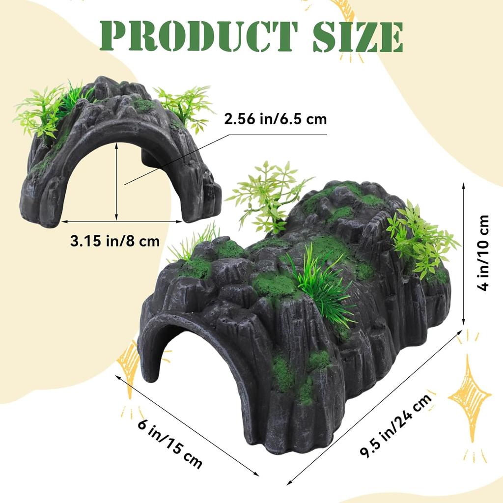 Fish Tank Hideout Cave Decor,Resin Rock Mountain Tunnel with Moss Plants Betta Cichlid Habitat Shelter for Aquarium Fish Tank Accessories 9.5 x 6 x 4