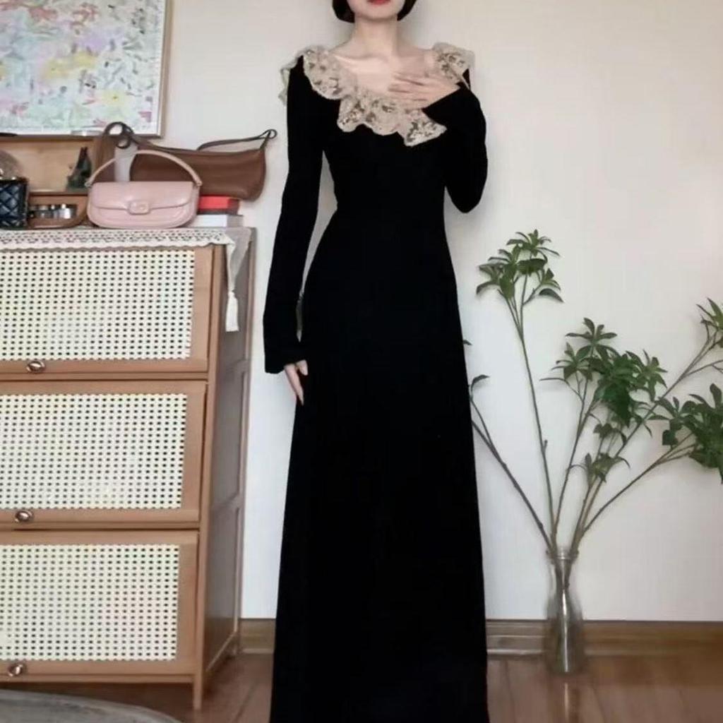 Women's French Hepburn Black Long Sleeve Dress - Autumn/Winter 2025 Trendy Mid-Length Skirt