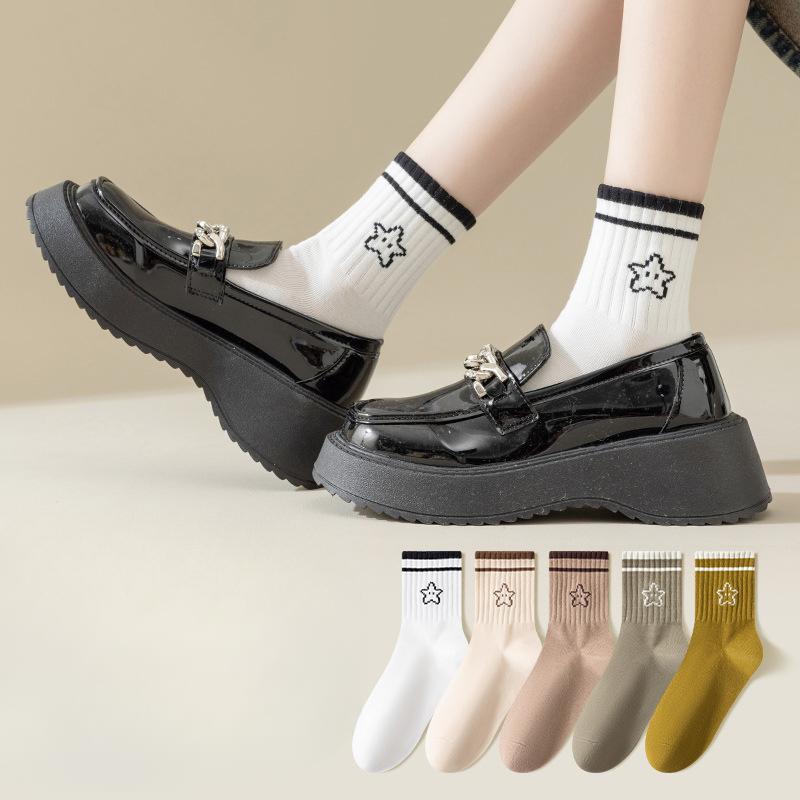 Women's Mid-calf Socks, Solid-colored Cotton-soled Spring and Autumn Girls' Striped Socks, Loafers, Long Socks, Autumn and Winter Sports Cotton Socks
