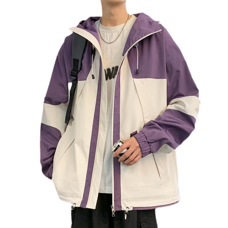 Herren Frühling und Herbst Neu Splicing Trendmarke Wasserdicht Locker Kapuzenjacke Freizeitjacke Top