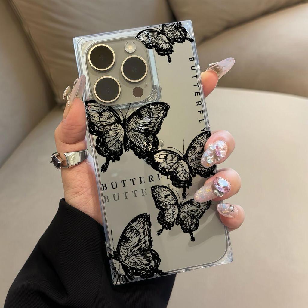 Průhledný čtvercový zadní kryt s trubicovým rámečkem Ochrana pro iPhone 11 14 Pro Max 13 15 Plus 16 ProMax 12 Proti oxidaci, Vydlabaný vzor motýla
