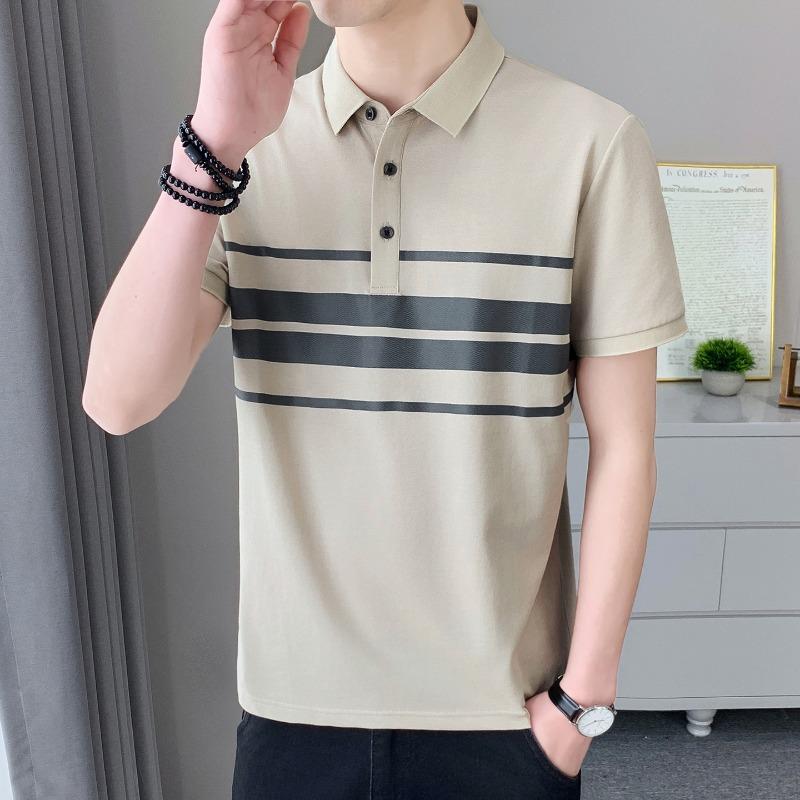 Men's White Polo Shirt with Grey Horizontal Stripes