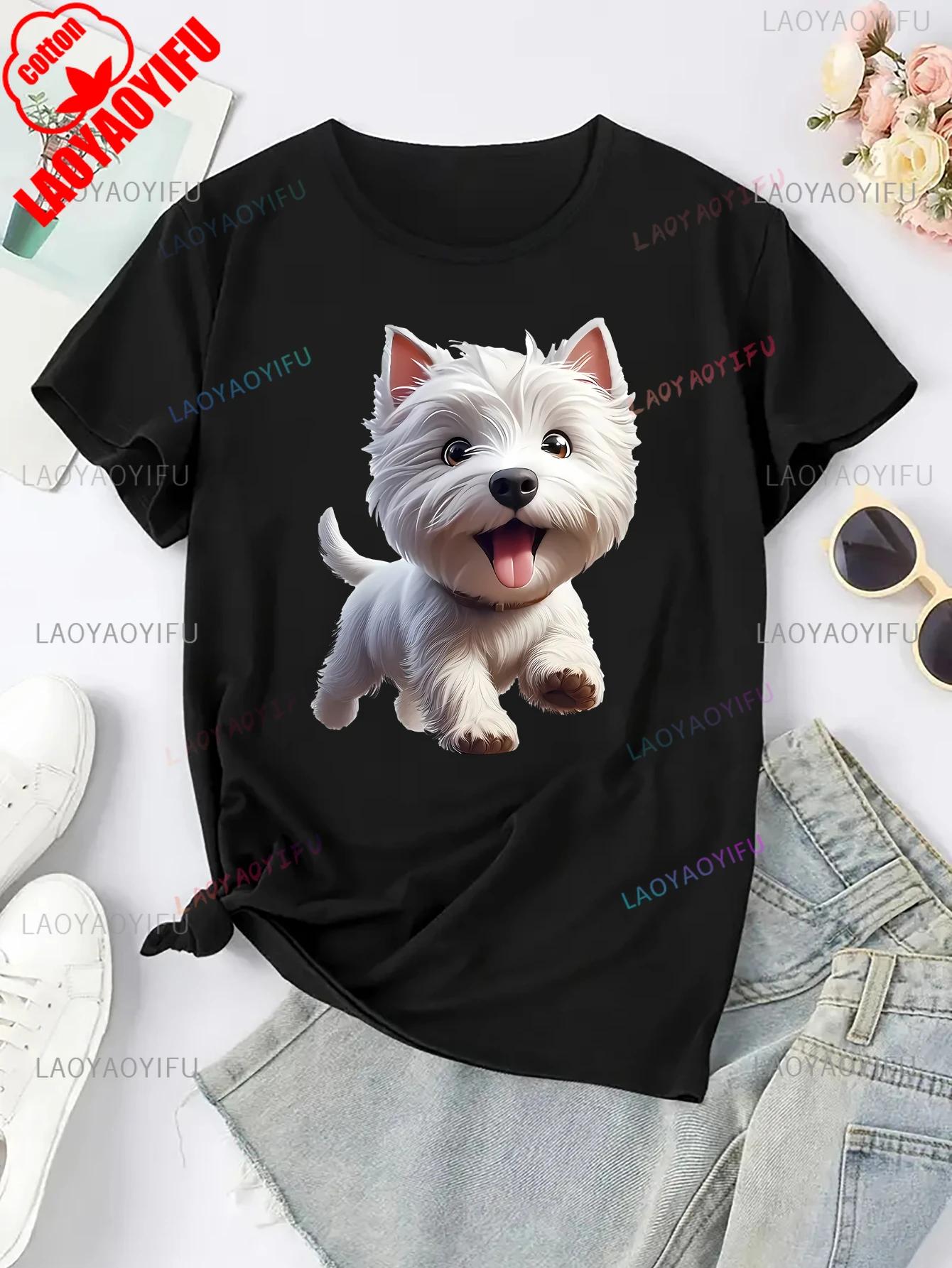 

Милая графическая футболка с вест-хайленд-уайт-терьером для женщин, повседневная футболка с круглым вырезом, удобная и с характером 4XL