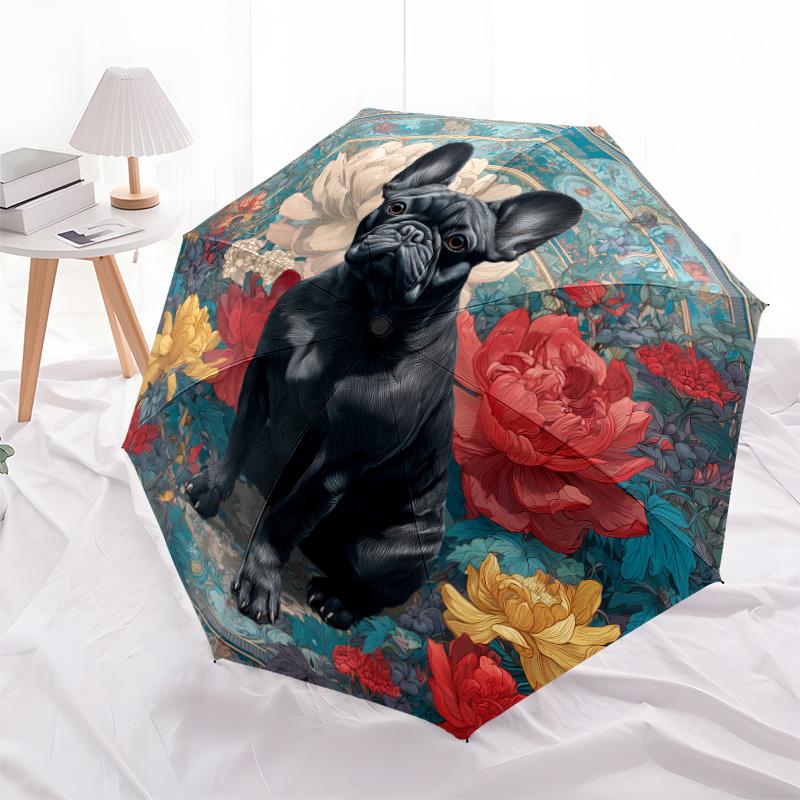 0106 Floral Black Dog  pattern, automatic folding umbrella, portable and foldable design, 8 ribs, a Christmas or birthday gift.