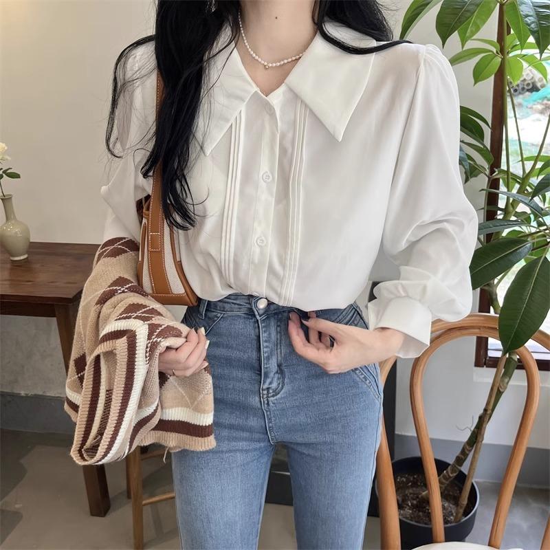 Women White Polo Collar Long Sleeve Loose Blouse Casual Commute Inner Wear Shirt S белый