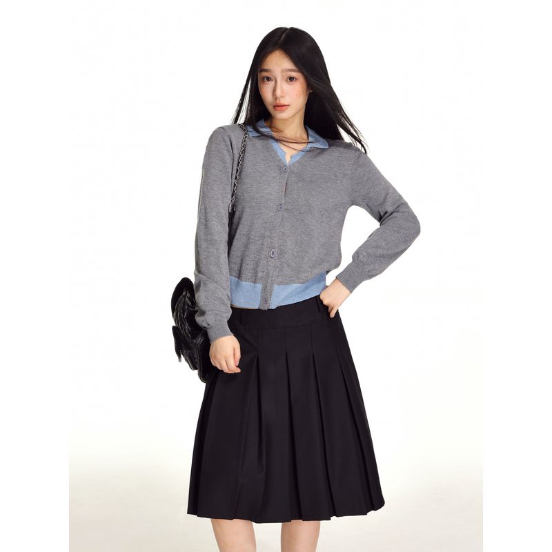 Shiyiyue Fake Two-Piece Knitted Cardigan for Women, Autumn and Winter American Retro Color-Blocking Short V-Neck Sweater Long-Sleeve Top