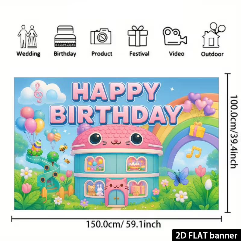 2D Cartoon Cat House Backdrop, Colorful Birthday Background with Music Notes for Baby Shower & Kids Events