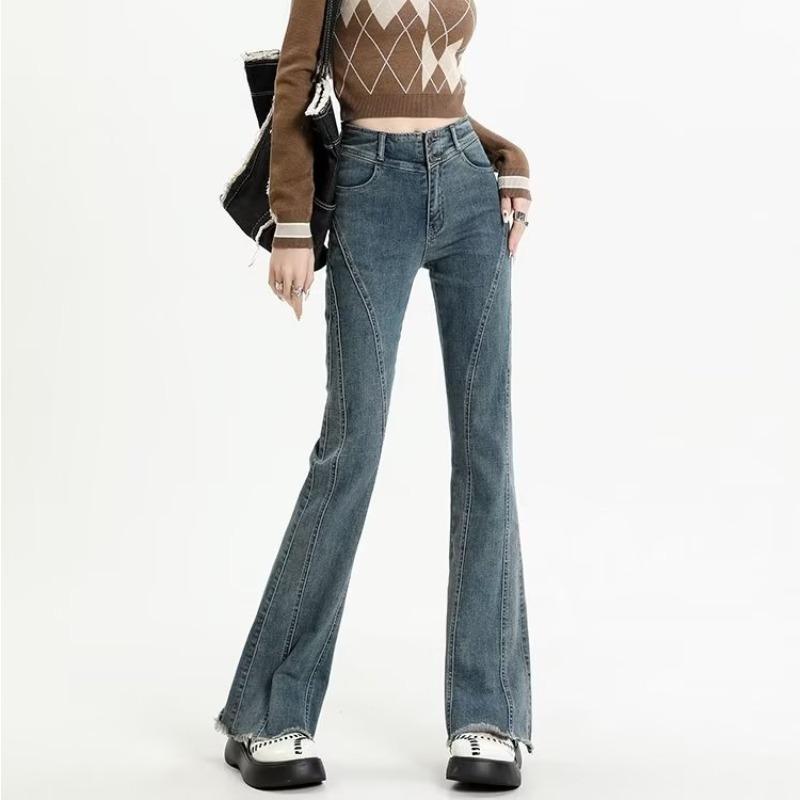 

Винтажные джинсы Lah Micro Spicy, женские весенне-осенние брюки большого размера, расклешенные брюки с необработанными краями и высокой талией 5XL синий