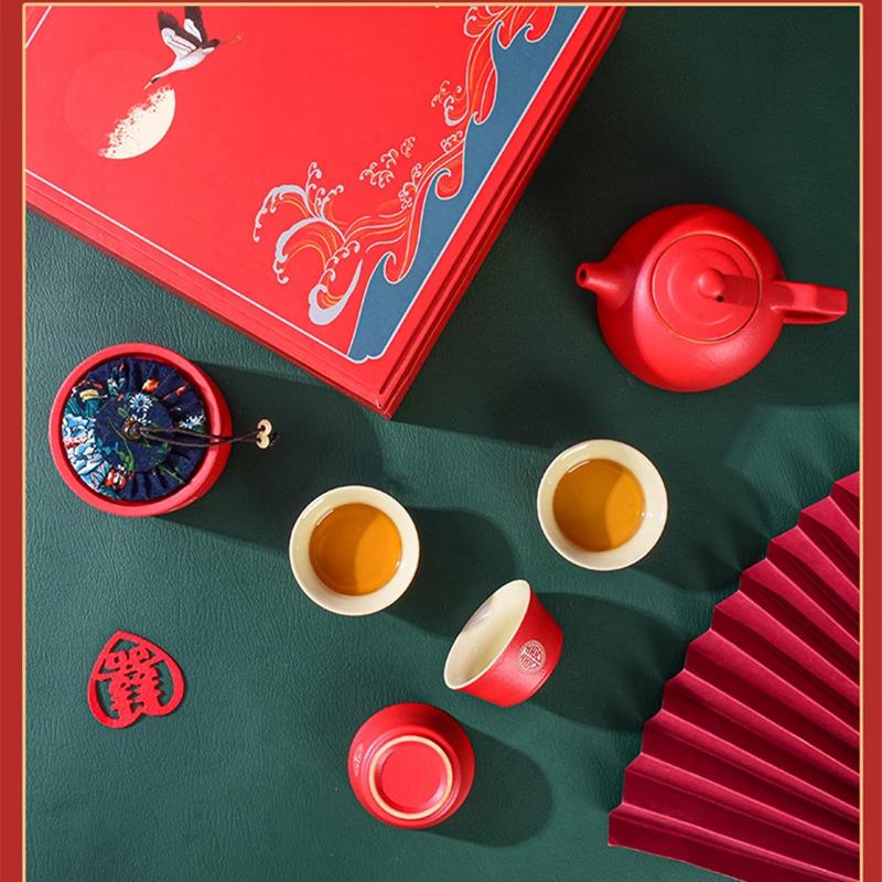 Chinesisches Hochzeit Rotes Teeservice Keramik Teeset Kung Fu Tee Porzellan Gaiwan Tasse Kreative Teezeremonie