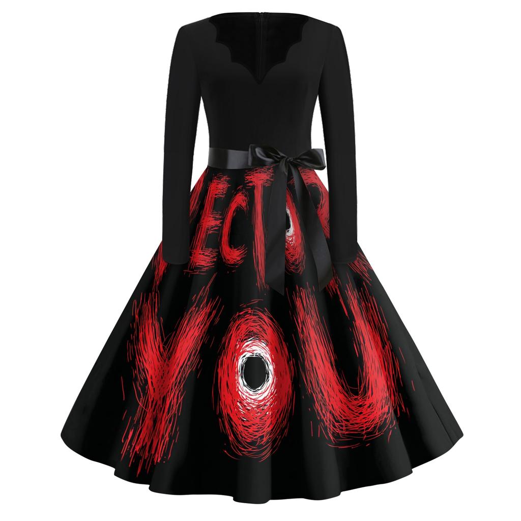 Women's V Neck Vintage Halloween Print Dress for Casual Party Wear