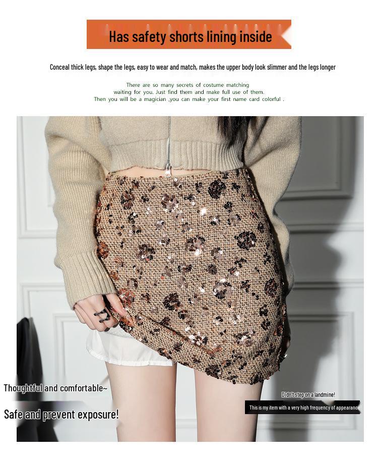 Women's Autumn/Winter 2025 Sparkling Sequin Wool A-Line Skirt - High Waist, Hip-Hugging, Slimming Short Skirt