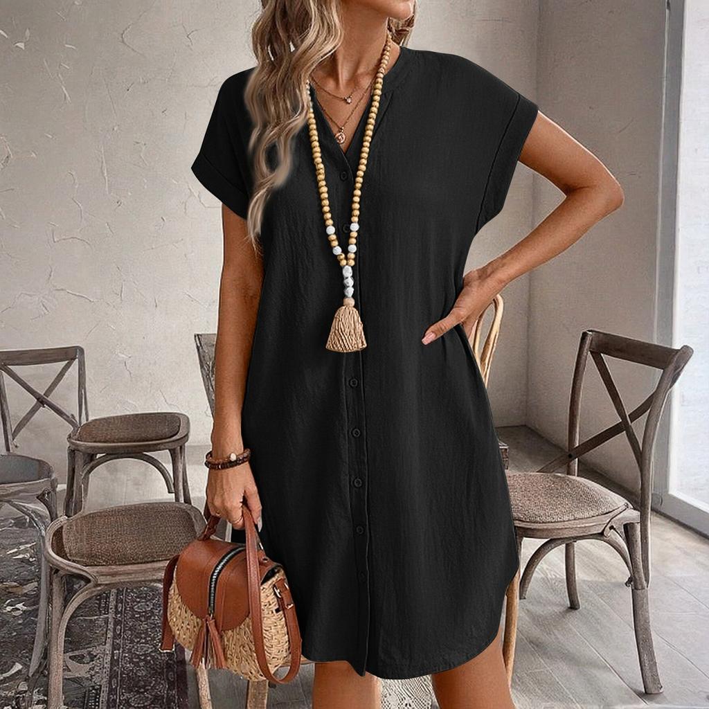 Ladies' Loose And Comfortable Summer Color Cotton Linen V-neck Button Up Dress