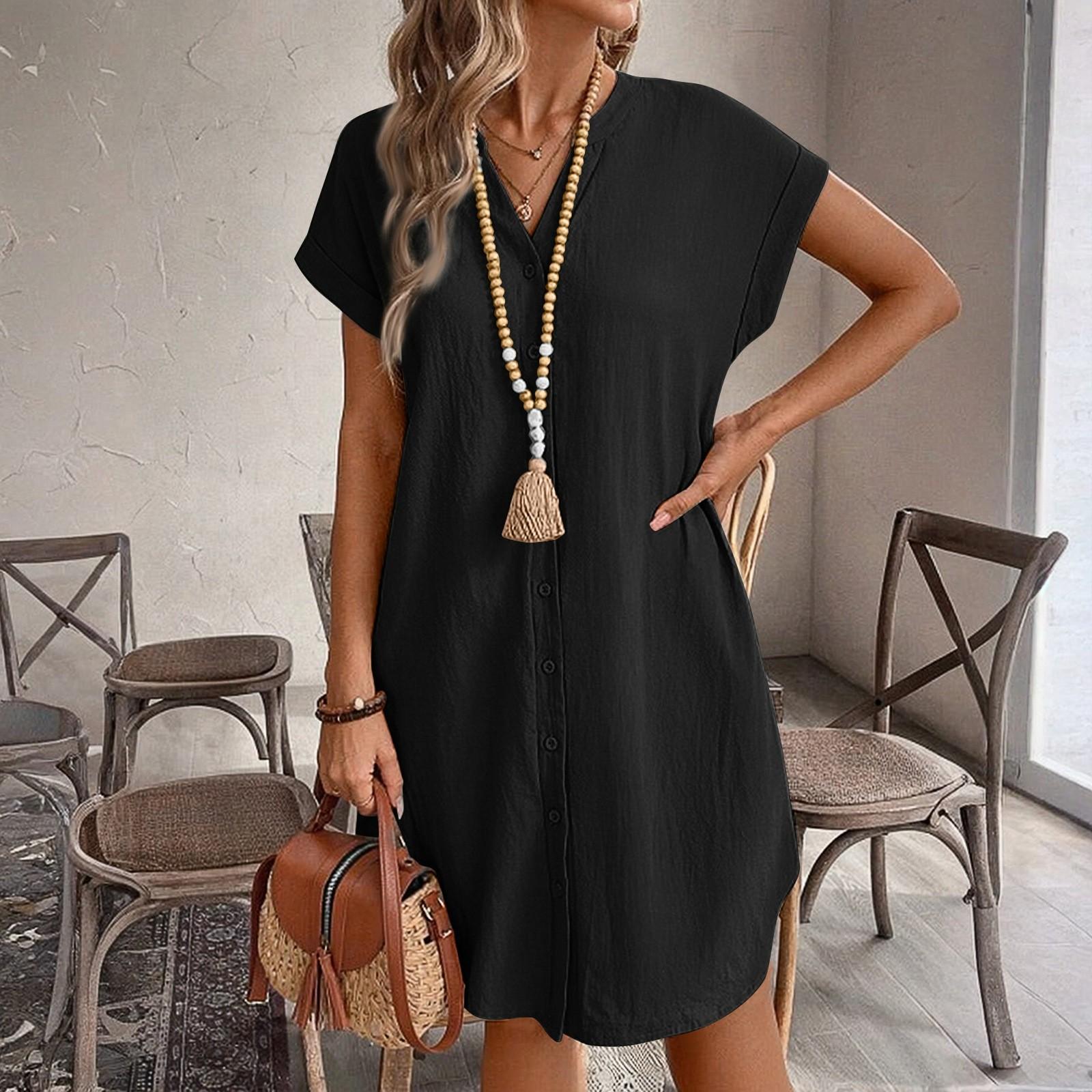 

Женское свободное и удобное летнее однотонное хлопковое льняное платье с V-образным вырезом на пуговицах M чёрный