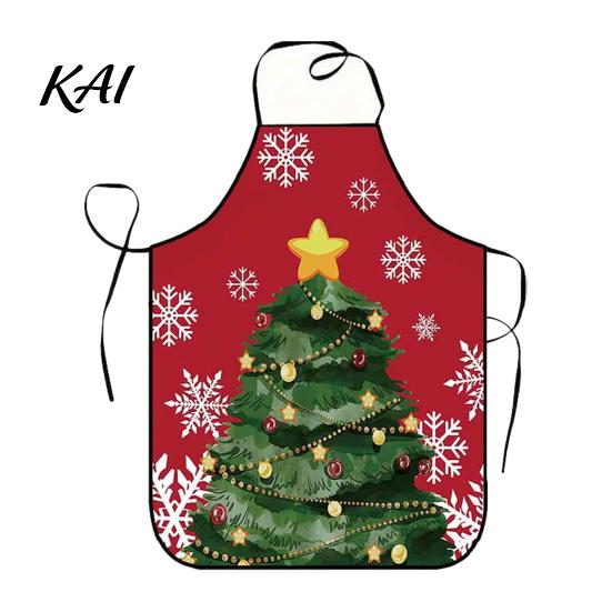 Holiday Housework Bib Christmas Apron with Santa Gingerbread Prints, Waterproof Oil Resistant Cooking Apron, Adjustable Tie for Kitchen Baking