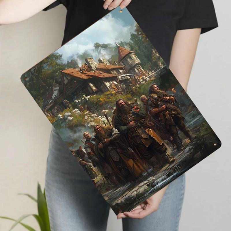 

Vintage Medieval Dwarf Village Metal Wall Art Fantasy Home Decor for 20x30cm（7.8x11.8inch）