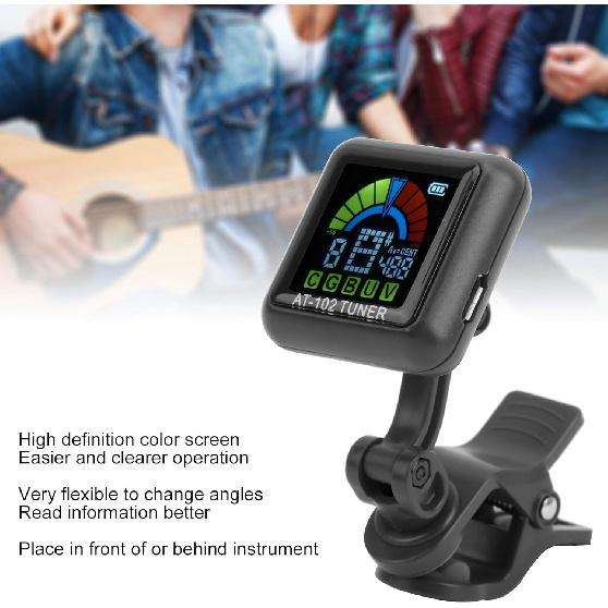 Clip on Tuner, High Definition Color Screen USB Rechargeable Ukulele Tuner Suitable for Guitar Bass Ukulele Violin (AT-102 black)