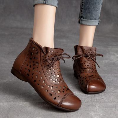 Summer Ankle Boots For Women Shoes Genuine Leather Round Toe Handmade Retro Hollow Out Breathable Sandals