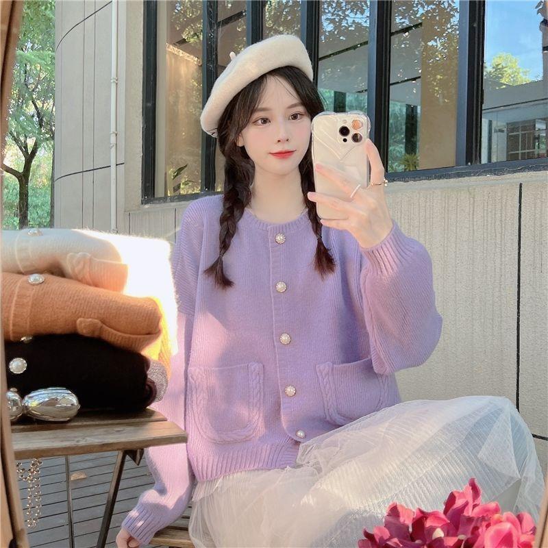 Cardigan Sweater Spring and Autumn Loose Round Neck Sweater Coat Top Women Soft Glutinous Sweet Single Breasted Knitted Cardigan