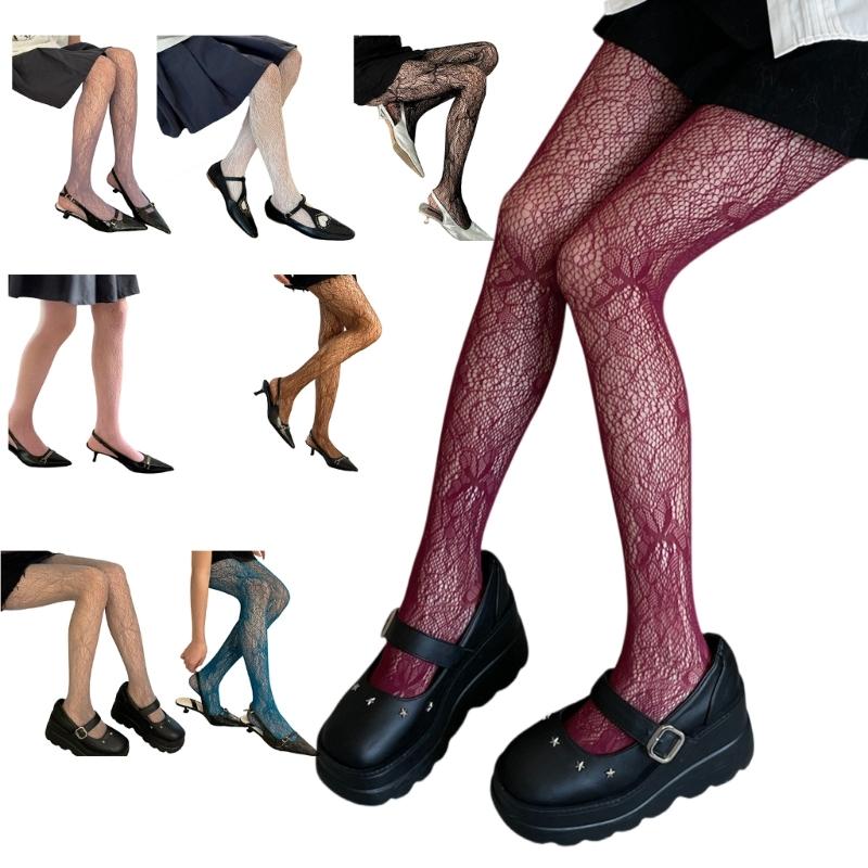 Women Sexy Hollowed Sheer Fishnet Pantyhose Aesthetic Vintage Butterfly Jacquard Patterned Leggings Colored Mesh Tights