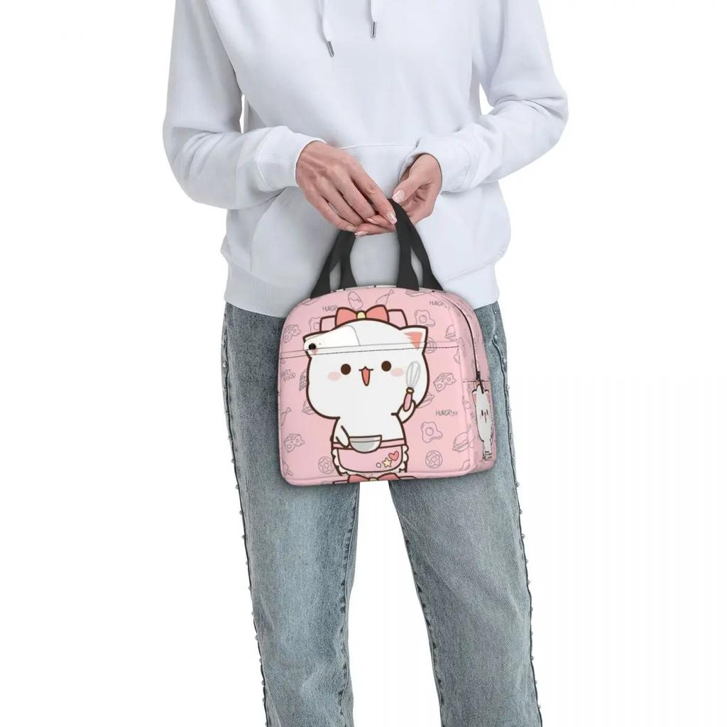 Mochi Cat Chef Peach Insulated Lunch Bag for Outdoor Picnic Peach And Goma Resuable Thermal Cooler Lunch Box Women Children