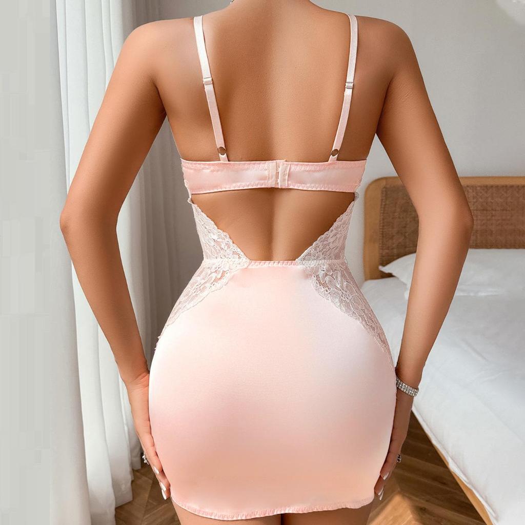 Women's Sexy Pajama Two-piece Set Solid Color Hollow-out Camisole Pajamas Bust-support Slim-fit Loungewear Set