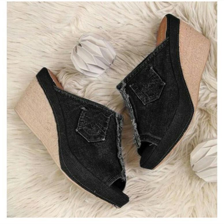 Summer Women's Shoes Denim Cool Slippers Women's Middle Heel Wedge Heel
