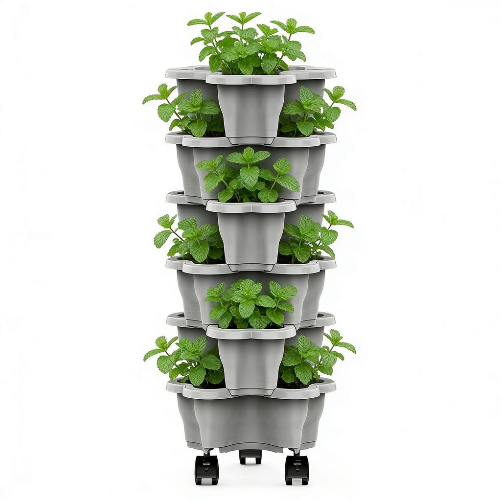 6-Tier Plant Tower With Wheels Stackable Plant Towers ABS Vertical Planter Tower For Strawberry Green Ivy Balcony Terrace