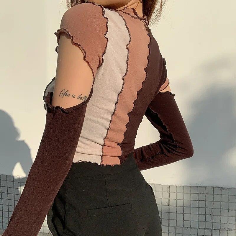 VAYLA Frill T Shirt Cut Out Crop Top For Women Y2K Pullovers Contrast Long Sleeve Short T Shirt Harajuku Clubwear Autumn Top