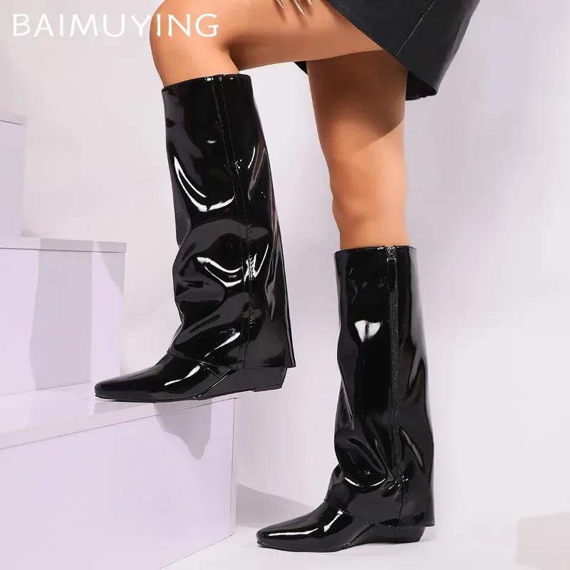 Women High Boots Wedges Pointed Toe Leather Shoes Woman 2025 Trend Winter Knee High Snow Gladiator Goth Chelsea Botas Mujer