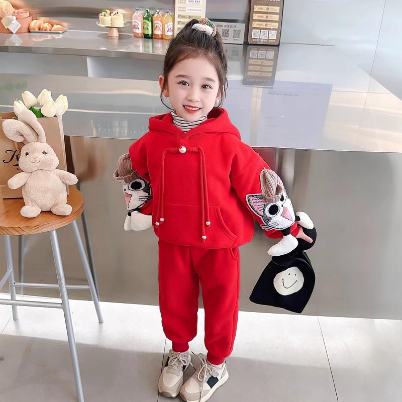 Trendy Girls' Cartoon Sweatshirt and Pants Set - Casual and Sporty Two-Piece Outfit