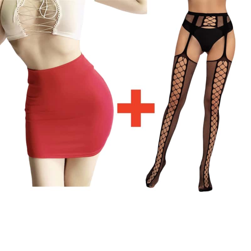 2PCS/SET Women High Waist Pencil Mini Skirts+Stockings Dress Set,Sexy Casual Wrap Hips Black Short Skirt and Pantyhose