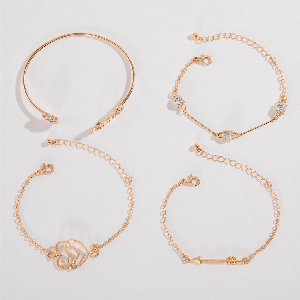 Artificial Crystal Chain Bangle Set Creative Golden Chain Heart 4-piece For Women Multi-layer Vintage Bracelet  Accessories