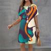 Abstract Print Dress Summer Fashion Pullover Short Sleeve Loose A-Line Dress Casual O-Neck Ladies Short Dress