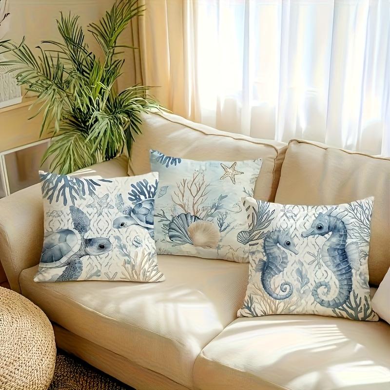 4pcs Starfish and Shell Pillow Covers Suitable, Bedroom, Living Room - French Country Nautical Cushion Cases with Zipper Closure, Double-Sided Beach D