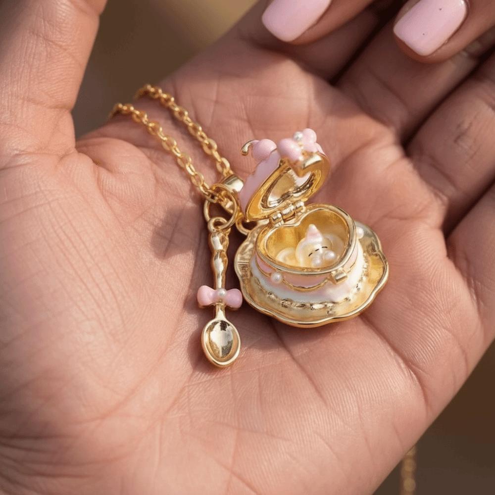 Metal Chain Teaspoon Pendant Necklace 18K Gold Plated Opening and Closing Lid Heart Enamel Necklace Copper Cup Enamel Ring