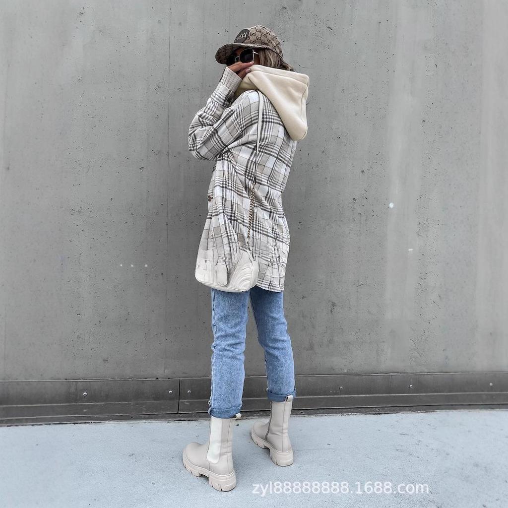 Women's Oversized Plaid Shirt with Hood, Casual Loose Fit Checkered Long Sleeve Top
