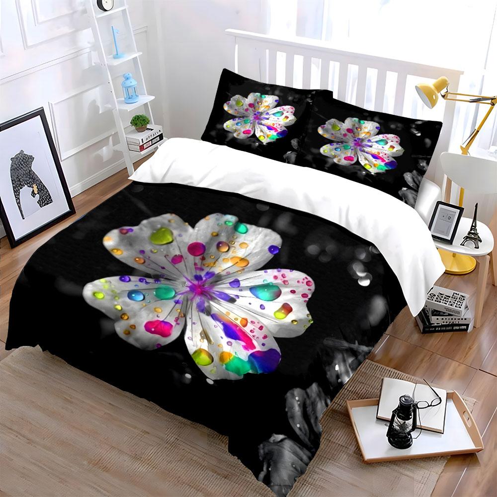 3Pcs Rainbow Flower Bedding Set, White Flower with Colorful Water Drops Print Duvet Cover + 2 Pillowcases, Modern Art Decor