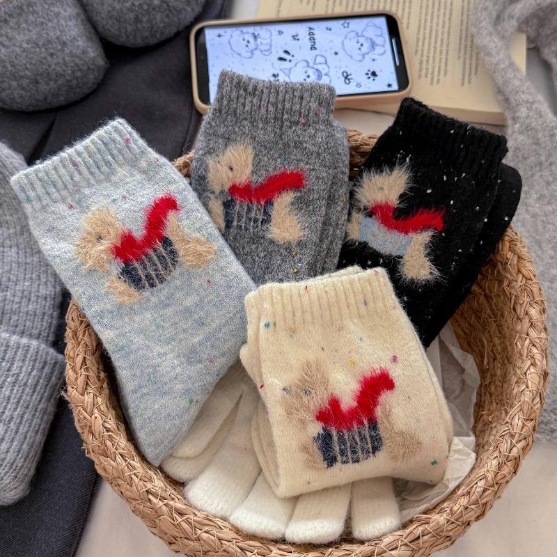 Thick and Warm Women's Socks Featuring Cartoon Dogs. Winter and Autumn Style. Wool with Yarn Dots. Mid-calf Length Socks.