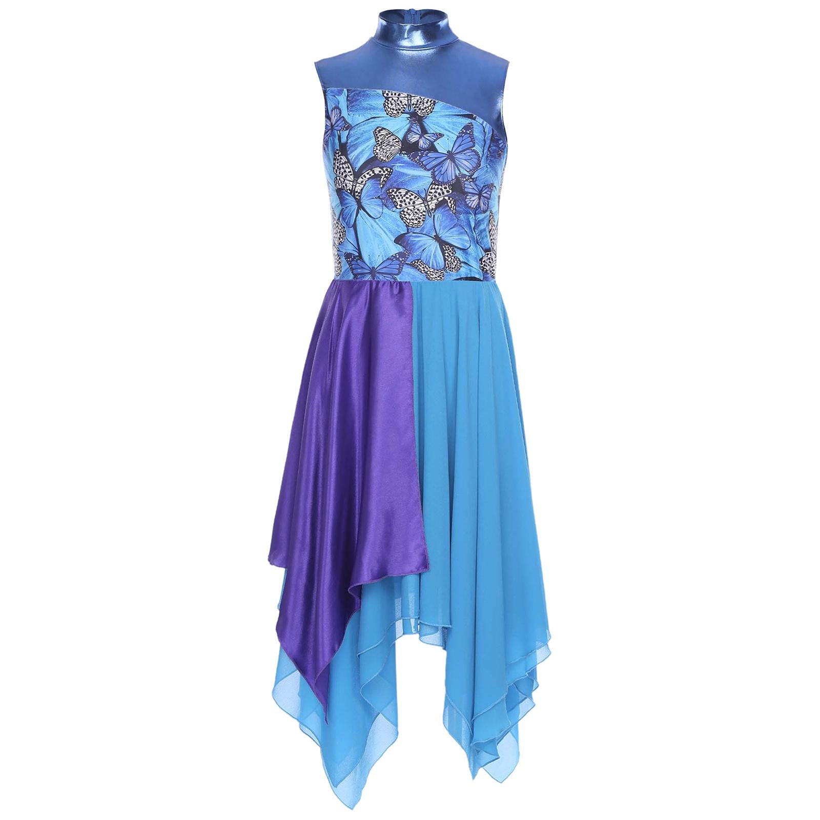 

Womens Lyrical Dance Costume Sparkle Rhinestone Irregular Mesh Ruffled Skirt Built In Briefs Dress S синій