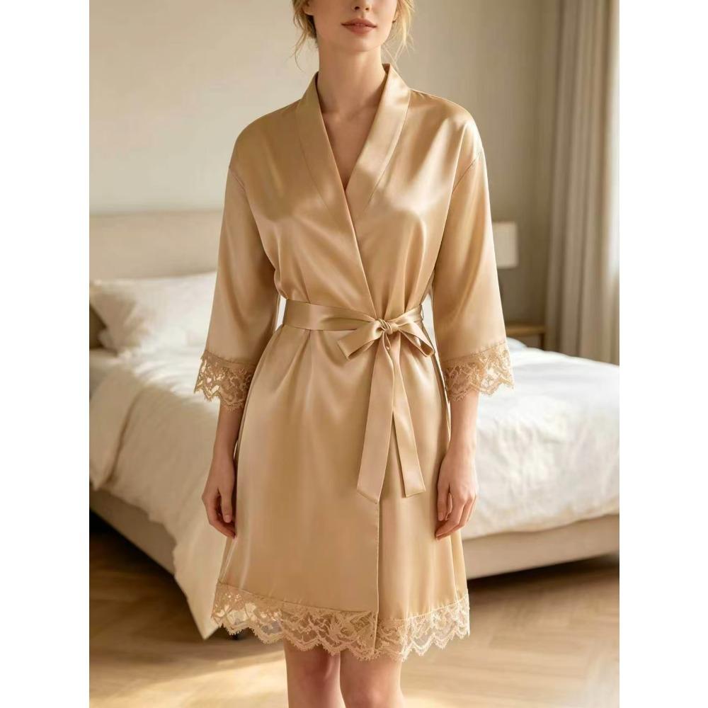 Women's home nightdress, apricot lace-trimmed bathrobe, lightweight and breathable home sleepwear and loungewear
