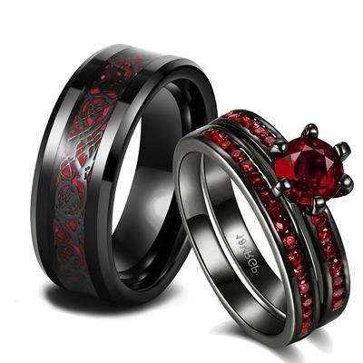 Anillos de Pareja de Moda Románticos con Pedrería Roja Circonita Cúbica Conjunto de Anillos para Mujer Tendencia Anillo de Dragón Celta de Acero Inoxidable Joyería de Boda