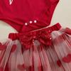 Baby Girls Valentine Outfit Letter Print Long Sleeve Romper and Heart Tulle Skirt Cute Headband 3 Piece Clothes