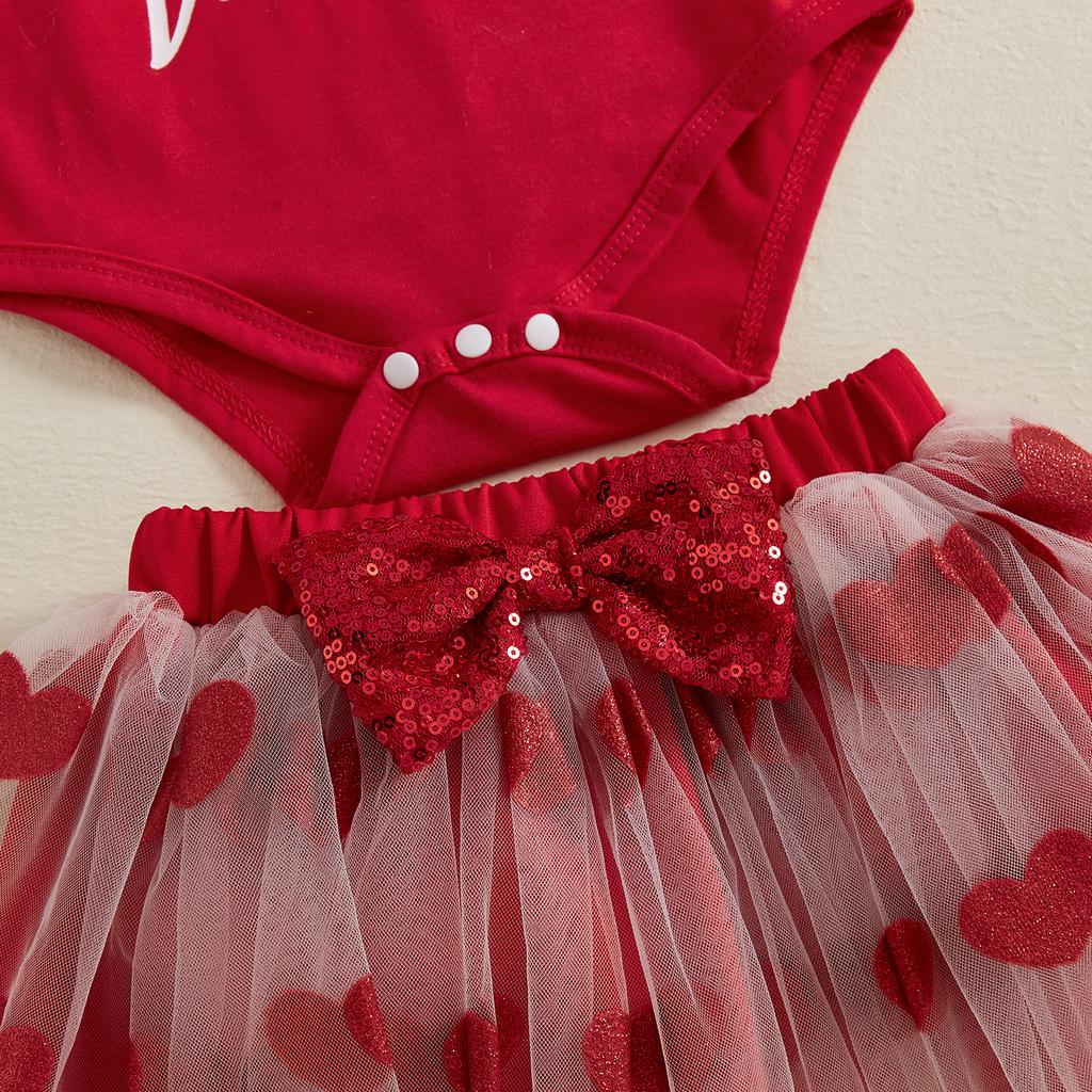 Baby Girls Valentine Outfit Letter Print Long Sleeve Romper and Heart Tulle Skirt Cute Headband 3 Piece Clothes