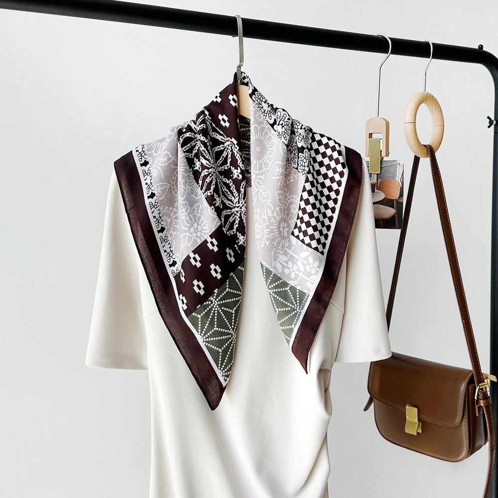 Old money style printed silk scarf retro brown scarf neck square scarf fashionable versatile herringbone pattern cotton and linen silk scarf
