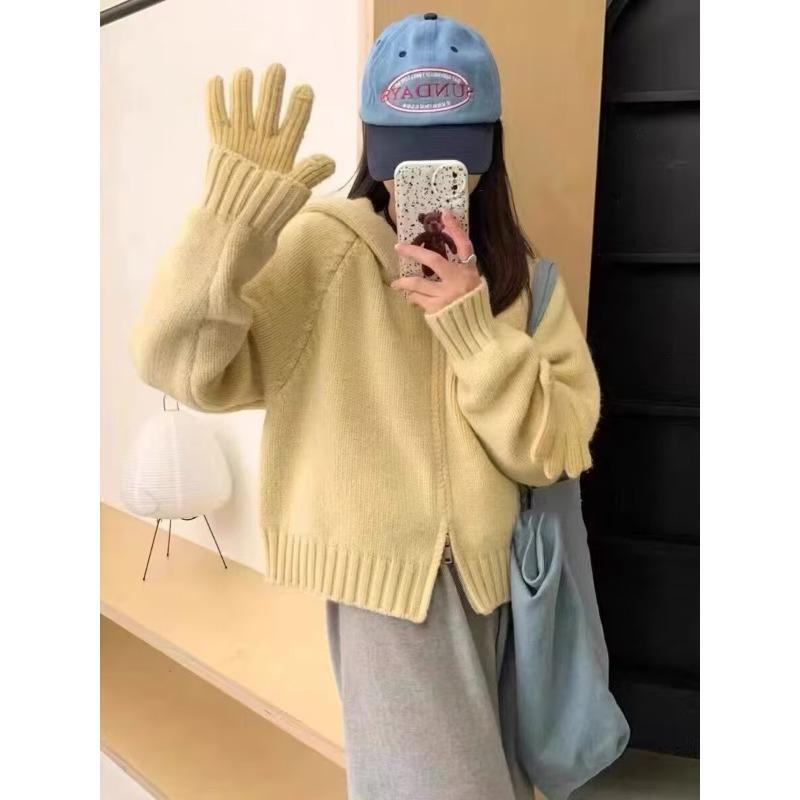 

Весенне-осенний новый вязаный кардиган с капюшоном на двойной молнии, женская модная однотонная свободная куртка-свитер One size