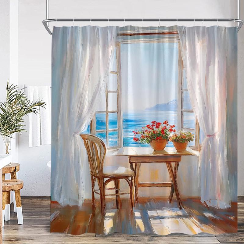 Greek Mediterranean Shower Curtain Purple Flowers Blue Door Window White Architecture Nature Landscape Bathroom Curtains Decor